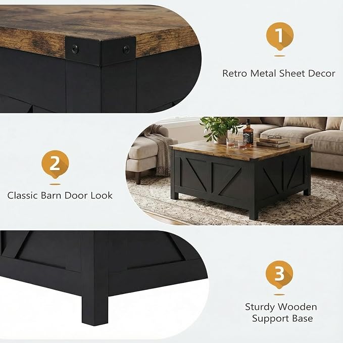 35” Farmhouse Coffee Table with Large Storage, Rustic Wood Lift Top Coffee Table for Living Room, Square Center Table with Charging Station&USB, Modern Port Pottery Barn Lift top Table