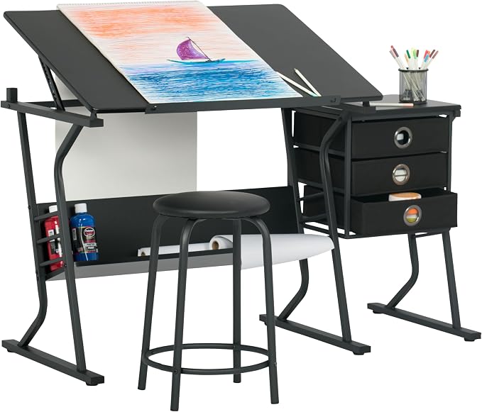 2 Piece Eclipse Ultra Center/Drawing Table with Stool, Angle Adjustable Top, Storage Shelves, and Drawers