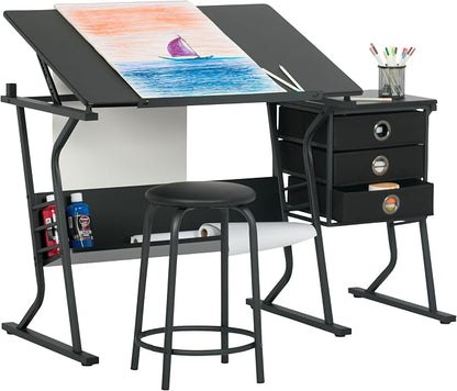 2 Piece Eclipse Ultra Center/Drawing Table with Stool, Angle Adjustable Top, Storage Shelves, and Drawers