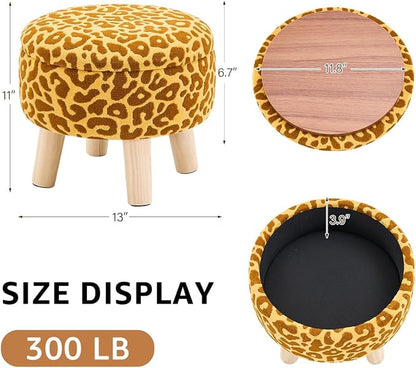 Wimarsbon Storage Ottoman, Modern Round Footrest with Soft Padded Seat, Pattern Velvet Footstool with Wood Legs, Accent Small Table or Plant Stand for Hallway, Living Room (Yellow)