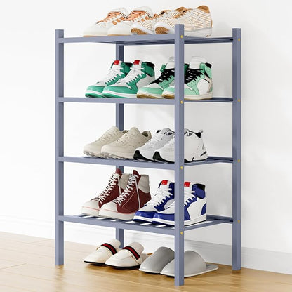 Smiry Small Bamboo Shoe Rack, 4 Tier Free Standing Wooden Shoe Organizer, Stackable Wood Shoe Storage Shelf for Closet, Entryway, 12 Vertical Slats, 2+2 Stack Standard Legs, 17.3"x11"x26", Grey