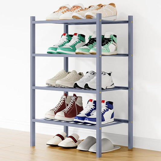 Smiry Small Bamboo Shoe Rack, 4 Tier Free Standing Wooden Shoe Organizer, Stackable Wood Shoe Storage Shelf for Closet, Entryway, 12 Vertical Slats, 2+2 Stack Standard Legs, 17.3"x11"x26", Grey