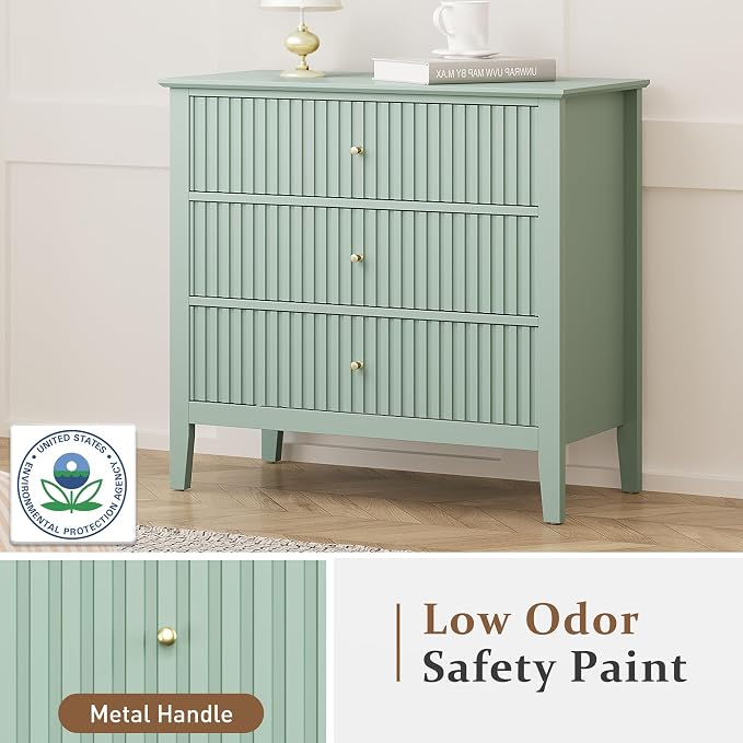 RoyalCraft 32" Large Nightstand, Fluted Painted Bedside Table with 3 Spacious Drawers, Modern Tall End Table for Bedroom, Milky Green