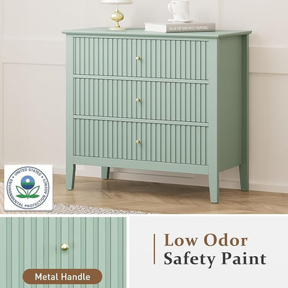 RoyalCraft 32" Large Nightstand, Fluted Painted Bedside Table with 3 Spacious Drawers, Modern Tall End Table for Bedroom, Milky Green