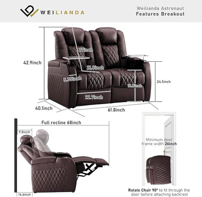 Weilianda Home Theater Seating Top Grain Leather Zero Gravity Recliner Chair Power Headrest Recline Movie Seat Gaming 7 Colors Mood Light Sofa with Tray Table USB Charge Row of 2 Loveseat Brown