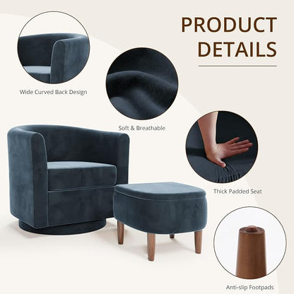 Swivel Accent Chair with Storage Ottoman Set of 2, Small Modern Velvet Barrel Chair, Upholstered Armchair with Footrest for Living Room/Reading/Bedroom, 24.8'' D x 25.38'' W x 25.6'' H, Blue
