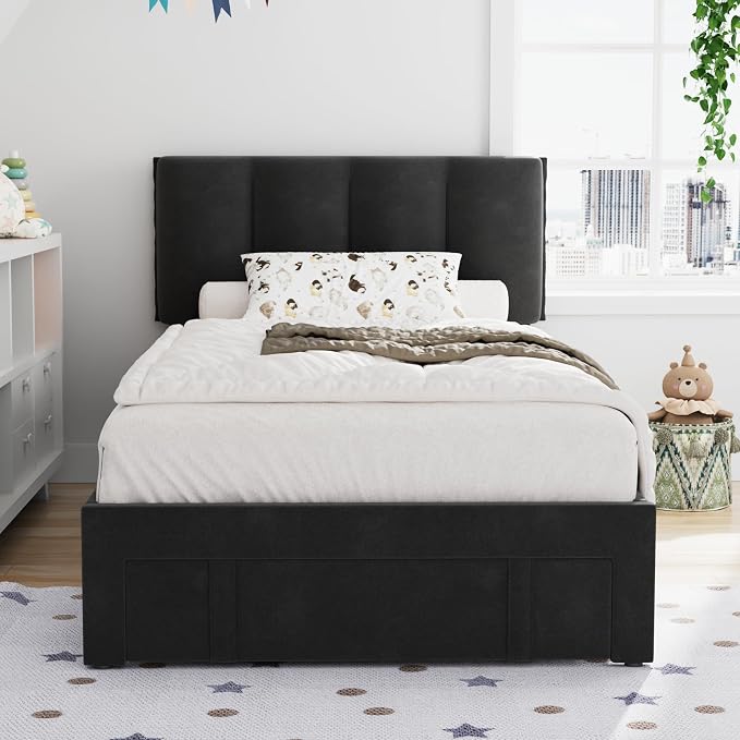 VECELO Twin Size Bed Frame with Storage Drawer, Heavy-Duty Platform Bedframe with Headboard & Strong Wooden Slats Support, No Box Spring Needed, Black