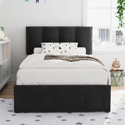 VECELO Twin Size Bed Frame with Storage Drawer, Heavy-Duty Platform Bedframe with Headboard & Strong Wooden Slats Support, No Box Spring Needed, Black