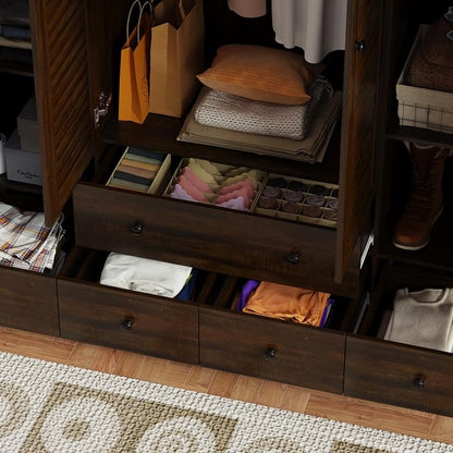 Wardrobe Armoire with 4 Louvered Doors, Wardrobe Closet for Bedroom with Hanging Rod & 5 Drawers, Bedroom Armoire Dresser Clothes Organizer, Dark Walnut (59.1" W x 19.1" D x 70.5" H)