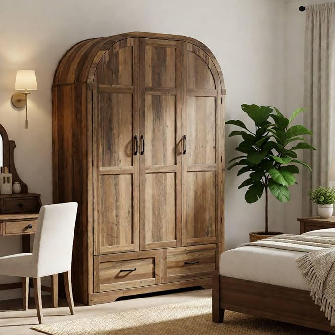 Squireewo 3 Doors Armoire Wardrobe Closet with Doors and Drawers, 71" Farmhouse Arched Wooden Wardrobe Cabinet with Mirror and Lights, Large Armoire Storage Cabinet with Shelves & Hanging Rod,Oak