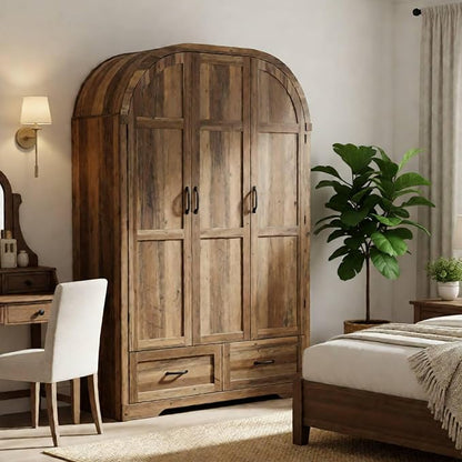 Squireewo 3 Doors Armoire Wardrobe Closet with Doors and Drawers, 71" Farmhouse Arched Wooden Wardrobe Cabinet with Mirror and Lights, Large Armoire Storage Cabinet with Shelves & Hanging Rod,Oak