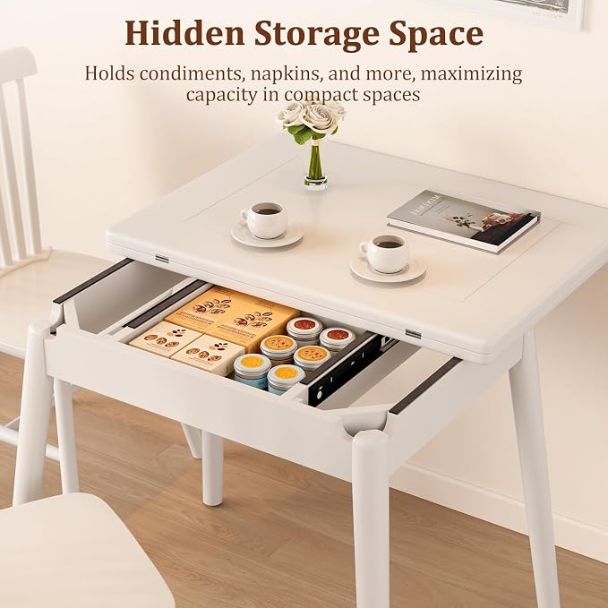 Solid Wood Small Dining Table for 2-6, 23.6"L-47.2"L Expandable Kitchen Table, Designed for Small Spaces, Easy Assembly, Suitable for Kitchen, Dining Room, Living Room, Apartment (White)