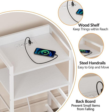Furnulem White Nightstand with Charging Station, Night Stand Side Table with Led Light, Tall Dresser for Bedroom with 4 Fabric Storage Drawers, Metal Frame, Wood Shelf(White)