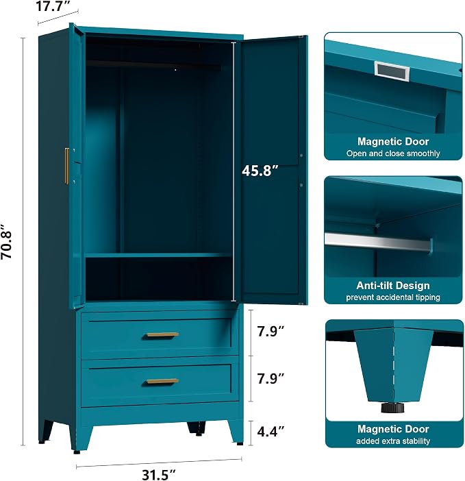 Washsemba 71'' Farmhouse Metal Wardrobe Cabinet with Hanging Rod, 2 Barn Door Wardrobe Closet with Adjustable Shelves,2 Drawer,for Dining Room,Bedroom,Living Room, Cloak Room,Office (Peacock Blue)