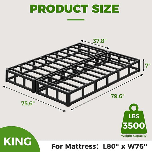 EMODA 7 Inch Split King Box Spring Bed Base, 3500LBS Heavy Duty Metal King Size Box Spring Mattress Foundation with Fabric Cover, Noise-Free, Non Slip, Easy Assembly