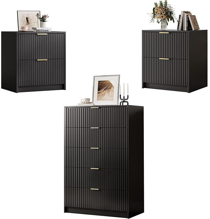 MAISONARIA 3-Piece Dresser Bedroom Set, 5 Drawer Dresser & 2 Drawer Nightstands with Gold Handles, Fluted Wood Chest of Drawers for Bedroom, Living Room, Entryway, Black
