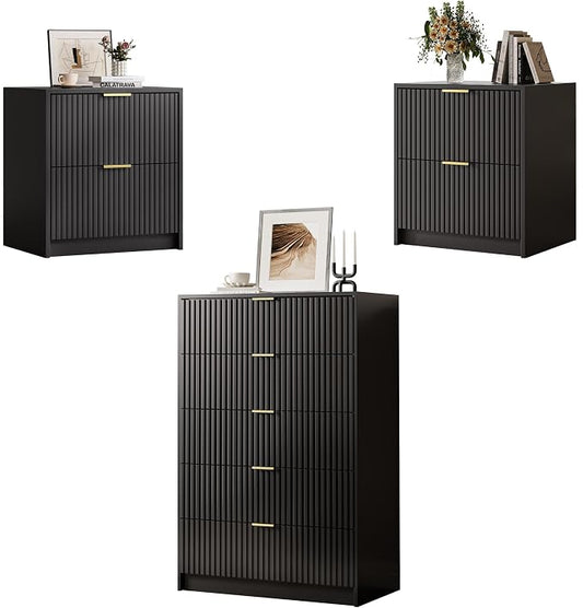 MAISONARIA 3-Piece Dresser Bedroom Set, 5 Drawer Dresser & 2 Drawer Nightstands with Gold Handles, Fluted Wood Chest of Drawers for Bedroom, Living Room, Entryway, Black