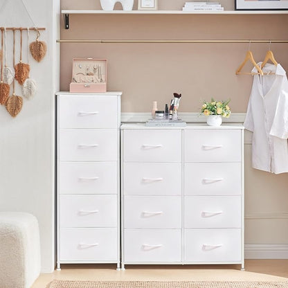 Somdot Tall Dresser for Bedroom with 5 Drawers, Storage Organizer Chest of Drawers with Removable Fabric Bins for Closet Bedside Living Room Laundry Entryway Hallway, White Leather