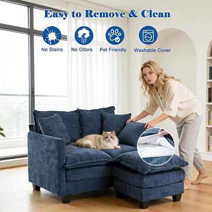 50'' L-Shape Loveseat Sofa with 22" Ottoman, 2 Seat Modern Cloud Couch with 2 Washable Pillows for Small Space Apartment Office Living Room Bedroom, Blue