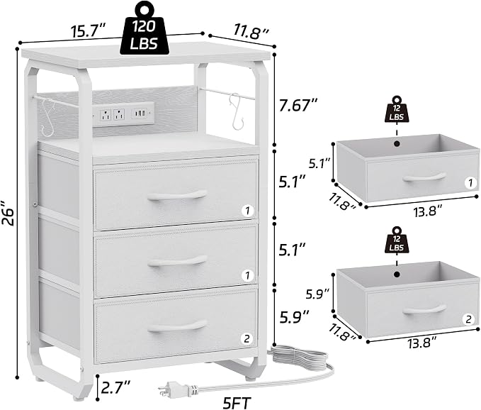 runjuly Bed Side Table with 3 Fabric Drawers, White Night Stand, LED Nightstand with Hooks, Bedside Table with Charging Station, End Table with Storage, Night Table for Bedroom, Dorm