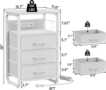 runjuly Bed Side Table with 3 Fabric Drawers, White Night Stand, LED Nightstand with Hooks, Bedside Table with Charging Station, End Table with Storage, Night Table for Bedroom, Dorm