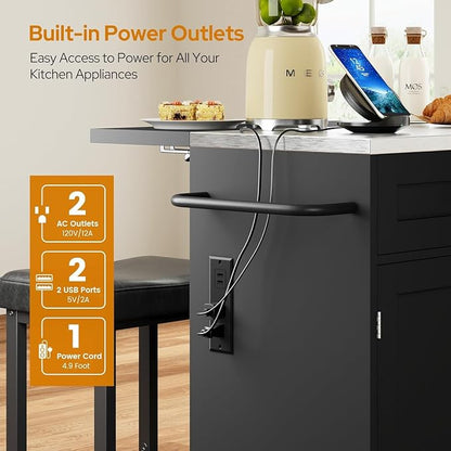 Concho 41'' Kitchen Island with Seating and Stainless Steel Countertop, Rolling Kitchen Carts on Wheels with Folding Drop Leaf, Bar Stool, Power Outlet, Spice/Towel Rack, Black