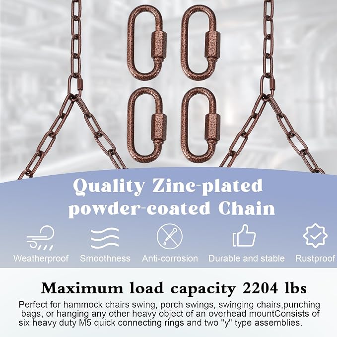 Heavy Duty Porch Swing Hanging Chain Kit (2 Pack) 1500 Lbs Capacity, up to 8 ft Length- Rustproof Zinc-Plated, 6 Quick Links & 2 Y-Chain Assemblies(Bronze,Better Rust Protection)