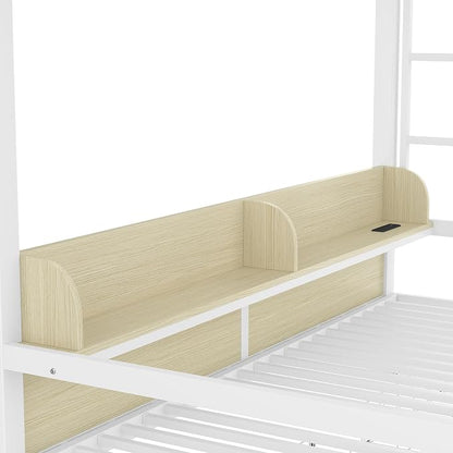 Bellemave Bunk Bed Queen Over Queen，Metal Bunk beds with Storage Shelves and Drawers USB Ports and LED Lights, Lower Bed That can be Converted into a Sofa, White