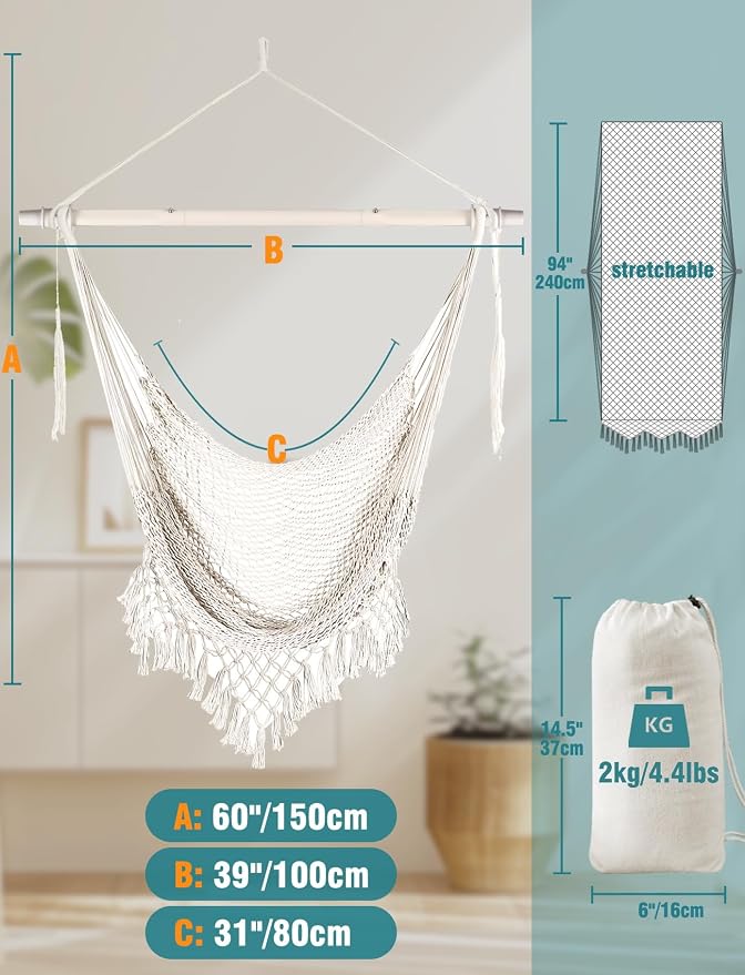 Chihee Hammock Chair Handmade Hanging Chair Cotton Rope Woven Hanging Seat Soft-Spun Large Stretch Hammock Swing, Collapsible Strong Metal Spreader Bar Elegant Macrame Comfort Indoor Outdoor Garden