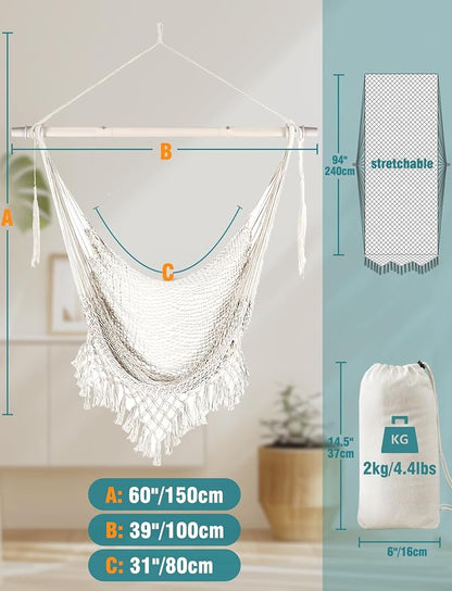 Chihee Hammock Chair Handmade Hanging Chair Cotton Rope Woven Hanging Seat Soft-Spun Large Stretch Hammock Swing, Collapsible Strong Metal Spreader Bar Elegant Macrame Comfort Indoor Outdoor Garden