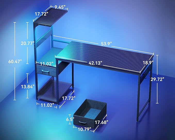 Casaottima 54'' Gaming Desk with LED Lights & CPU Stand, Reversible Computer Desk with Storage Shelves & Fabric Drawer, Modern PC Gamer Table with Headphone Hook, Carbon Fiber Black