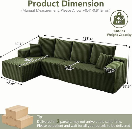 135" Cloud Sectional Couch with L-Shape Chaise, Modern Modular Comfy Sofa with Deep Seat, Upholstered Corduroy Couches Sleeper Chaise Longue for Living Room Bedroom, No Assembly Required, Green