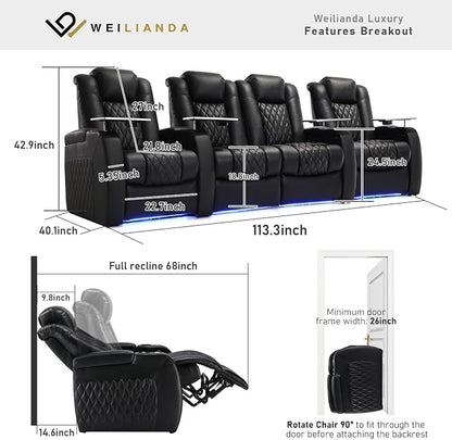 Weilianda Home Theater Seating Top Grain Leather Zero Gravity Recliner Chair Power Headrest Recline Movie Seat Gaming 7 Colors Mood Light Sofa with Tray Table USB Charge Row of 4 Loveseat Middle Black