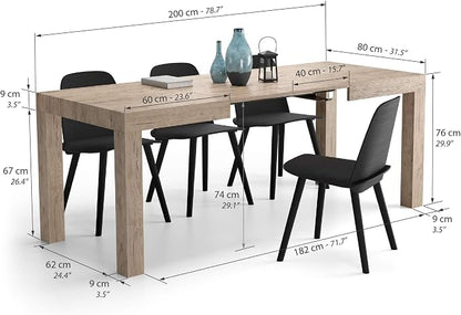 Mobili Fiver, First Extendable Table, 47.2(78.7) x31.5 in, Oak, for 6-8 People, Expandable Dining Table for Kitchen, Living Room, Italian Furniture