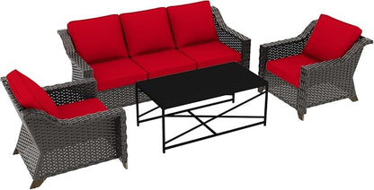 4 Pieces Outdoor Conversation Furniture Set - 77" Patio Sofa, 2 Wicker Armchairs, 1 Metal Coffee Table, Patio Wicker Furniture Set with Water-Resistant Cushions for Sunroom (Red)