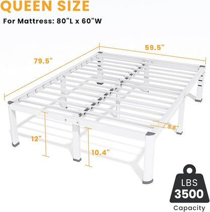 12 Inch Queen Bed Frame, Metal Platform Bed Frame with Round Corner Legs, 3500 lbs Heavy Duty Steel Slats Support, No Box Spring Needed, Noise Free, Easy Assembly, White