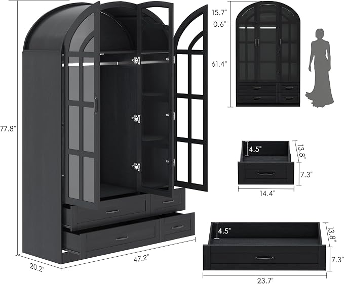 Squireewo 78" Arched Armoire Wardrobe Closet with Motion Sensor LED Light, 3 Windowpane Glass Doors & 4 Drawers, Large Wood Bedroom Storage Cabinet, Clothing Organizer with Hanging Rod, Black