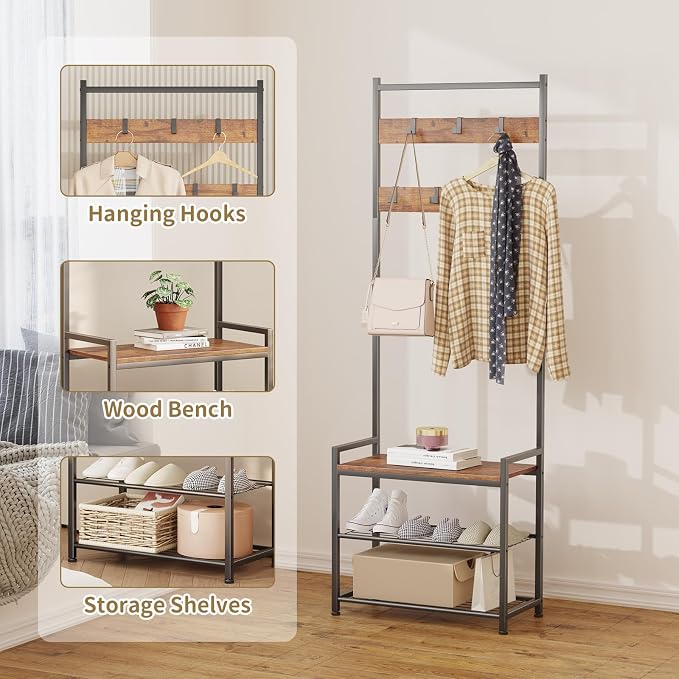 Coat Rack Hall Tree with Shoe Storage, Entryway Hall Tree Storage Bench, Wood Look Accent Furniture with Metal Frame, 3-in-1 Design, Rustic Brown