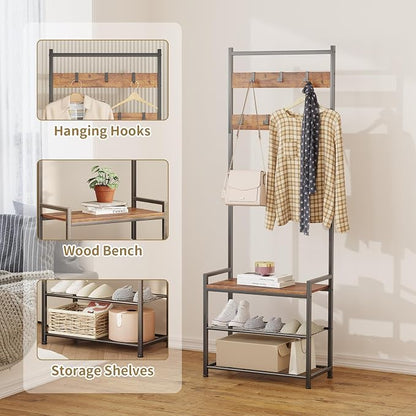 Coat Rack Hall Tree with Shoe Storage, Entryway Hall Tree Storage Bench, Wood Look Accent Furniture with Metal Frame, 3-in-1 Design, Rustic Brown