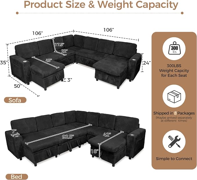 Modular Sectional Sleeper Sofa with Pull Out Bed, Plush Corduroy L Shaped Couch with Storage Chaise, USB Ports, Cup Holders, Comfy Cloud Couches for Living Room, Black