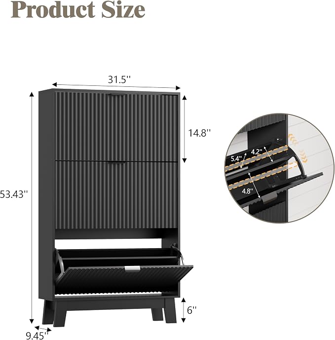 Shoe Cabinet Storage for Entryway with 3 Flip Drawers, Fluted Narrow Shoe Organizer with Wooden Legs, Freestanding Slim Shoe Storage Hidden Shoe Rack Organizer for Front Door Entrance, Hallway, Black