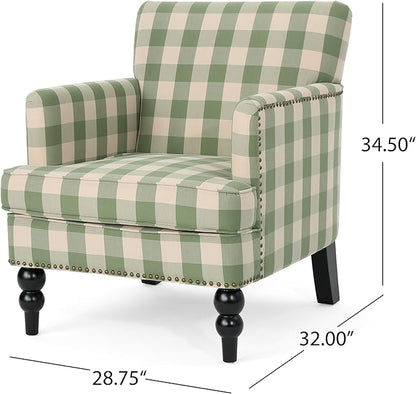 Christopher Knight Home Eve Modern Upholstered Club Chair, Wooden Living Room Accent Chair, Comfy Bedroom Reading Chair, Multifunctional Armchair, Green Checkerboard
