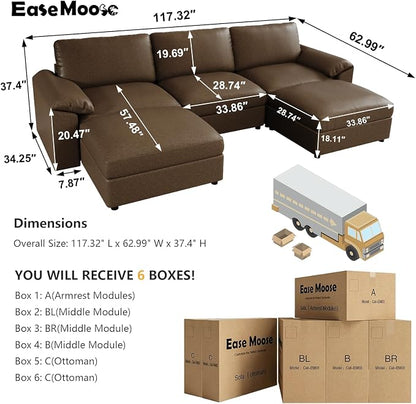 EASE MOOSE Deep Seat Sectional Couch, Scratch Resistant Faux Leather Material, 5-Seat Oversized Modular Sofa for Living Room,U Shaped Classic Comfy Sofas for Living Room,Deep Brown