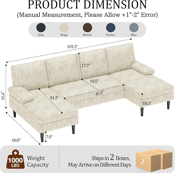 Korser U-Shaped Sectional Couches for Living Room, 101 Inch Modern Modular Sofa with Double Chaise Lounge, Comfy Chenille Fabric 4-Seat Couch Set for Apartment, Beige