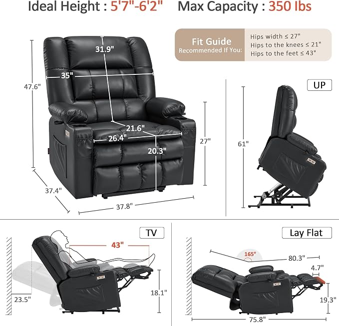 MCombo Dual Motor Power Lift Recliner Chair for Elderly, Lay Flat Lift Chair with Heat and Massage, Oversized Lift Recliner for Big and Tall, Faux Leather R7891 (Black, Large-Wide)