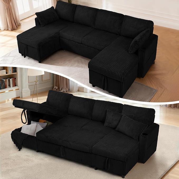 110" Corduroy U-Shape Sofa Bed with Adjustable Backrests, Upholstered Pull Out Sofa Bed with USB Ports, Convertible Sectional Sleeper Couch with Storage Chaise for Living Room, House, Black