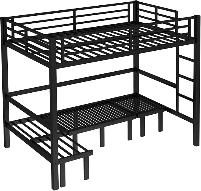 Bellemave Full Over Full Futon bunk Bed, Lower bunk can be Pulled Out in Three Sections, Loft Bed with Sofa for Teens, Adults, Bedroom, Black(Excluding Cushions and mattresses)