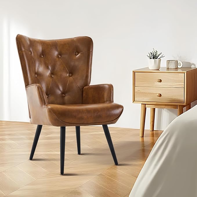 Furnimart Faux Leather Accent Chair Mid Century Modern Living Room Chairs; Comfy Armchair Leisure Vanity Guest Wingback Chair for Office Study Vanity Bedroom Waiting Room PU Yellow Brown
