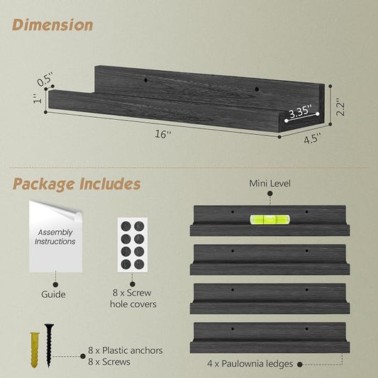 Forbena Black Picture Ledge Shelf, Floating Shelves with Lip for Wall, Small Wall Shelves for Bathroom Bedroom Kitchen Office Living Room Books, Art Pictures, Photo Frame, Plants (4-Pack, Real Wood)