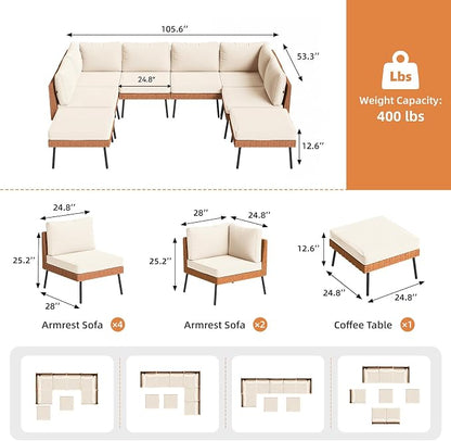 Aoxun 8-Piece Patio Furniture Set, Wicker Outdoor Furniture with Water Resistant Thick Cushions, Patio Conversation Set Outdoor Sectional Sofa with Coffee Table for Backyard Poolside, Beige